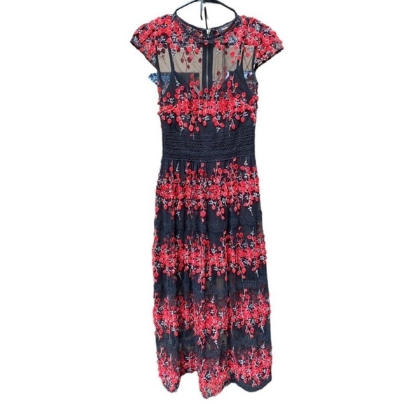 Bronx And Banco Gloria Midi Black Mesh in Red Floral Embroidery Dress - Picture 3 of 6